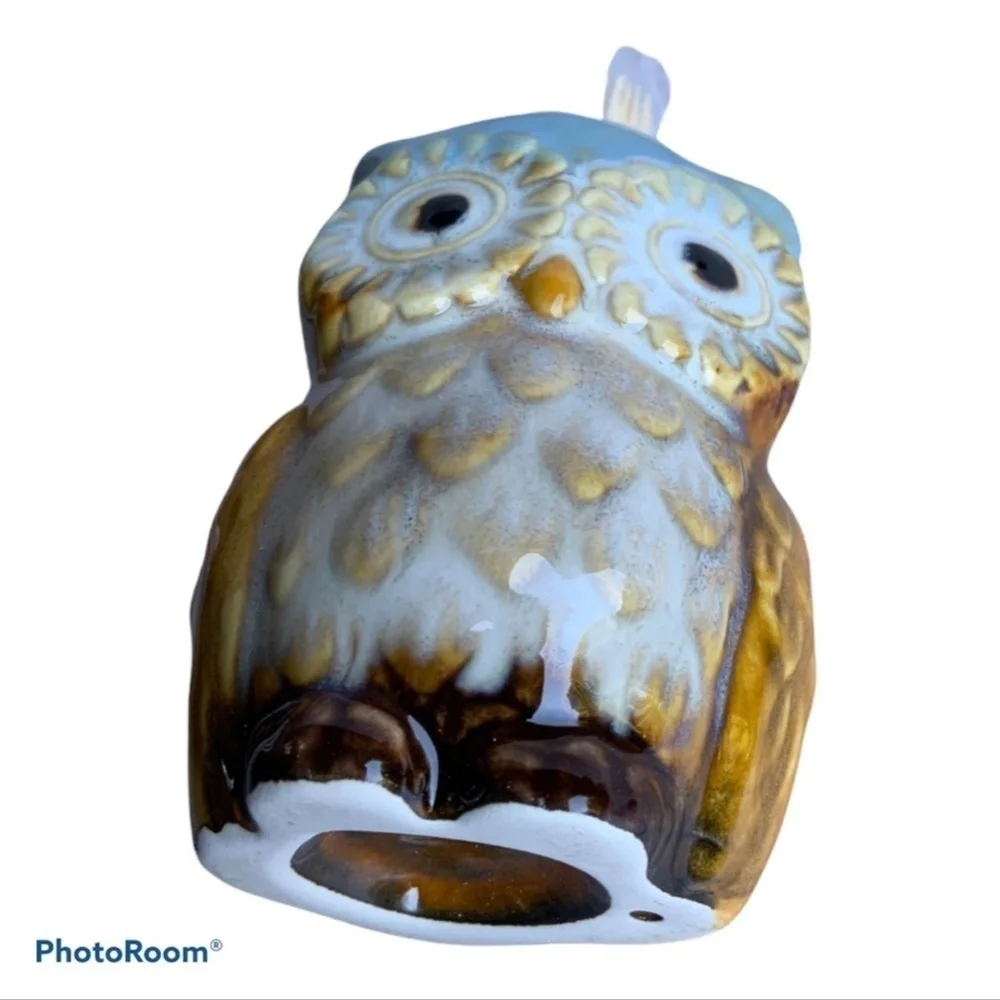 Kitchen Toothpick Holder Glazed Ceramic Country Owl Decor Blue White
